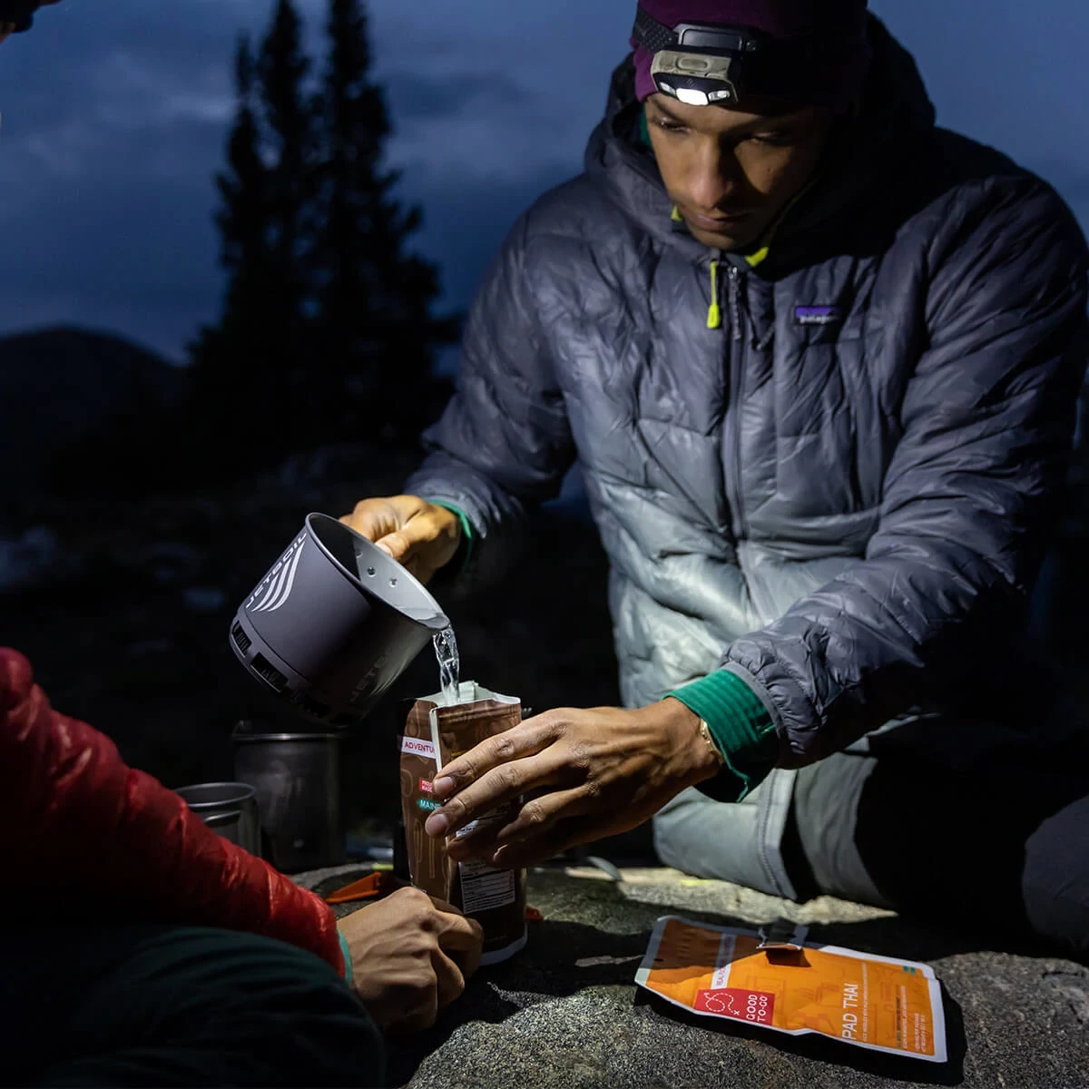 Preparing a Good To-Go meal with boiled water from the Stash at night