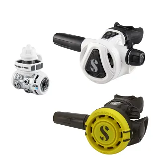 MK11 EVO DIN 300 first stage and C370 second stage dive regulator set in white, plus R105 Octopus in yellow