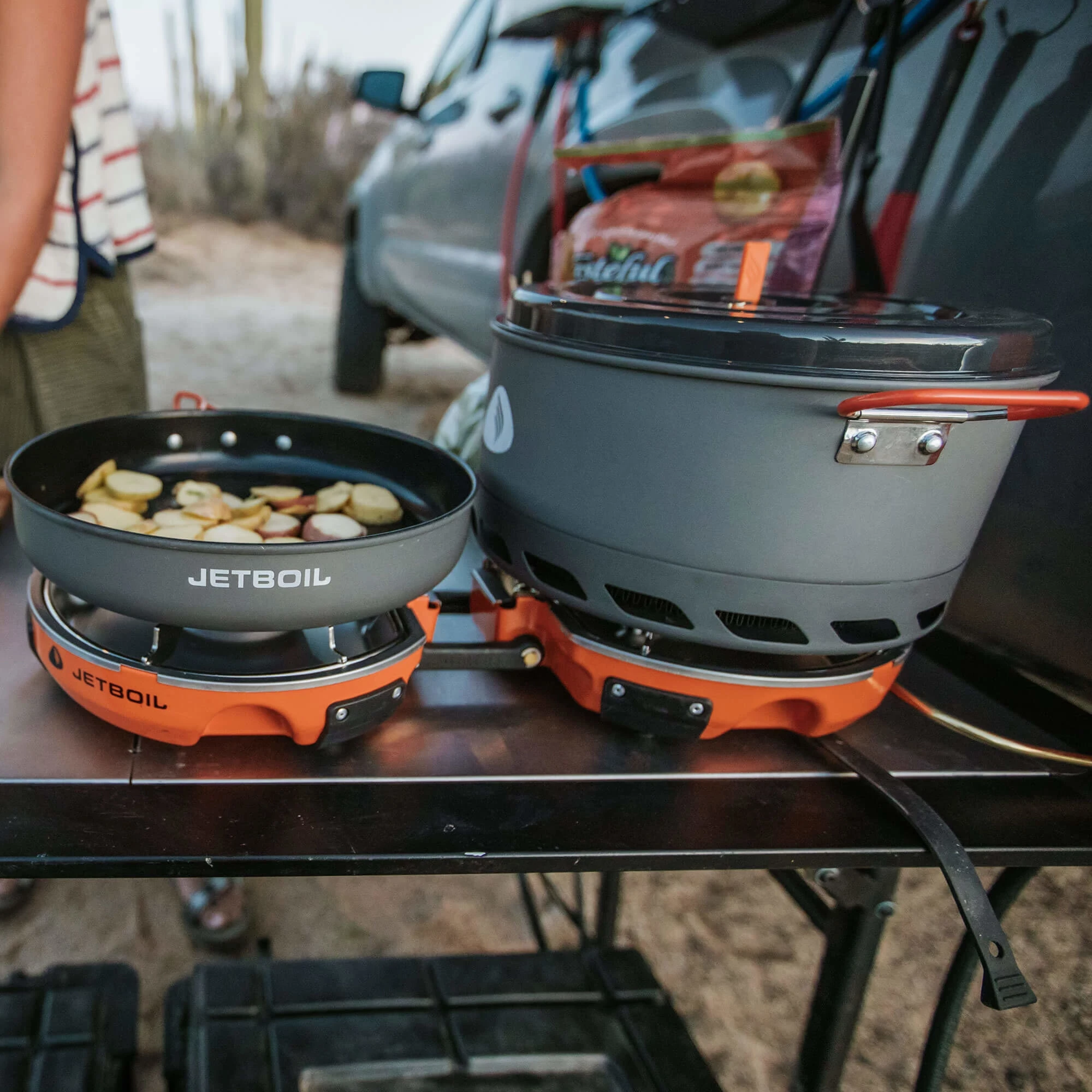 Top down view of delicious vegetable and egg meal cooking on Jetboil Genesis Basecamp System