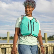 Wearing the Old Town Riverstream Universal Life Jacket in Aqua