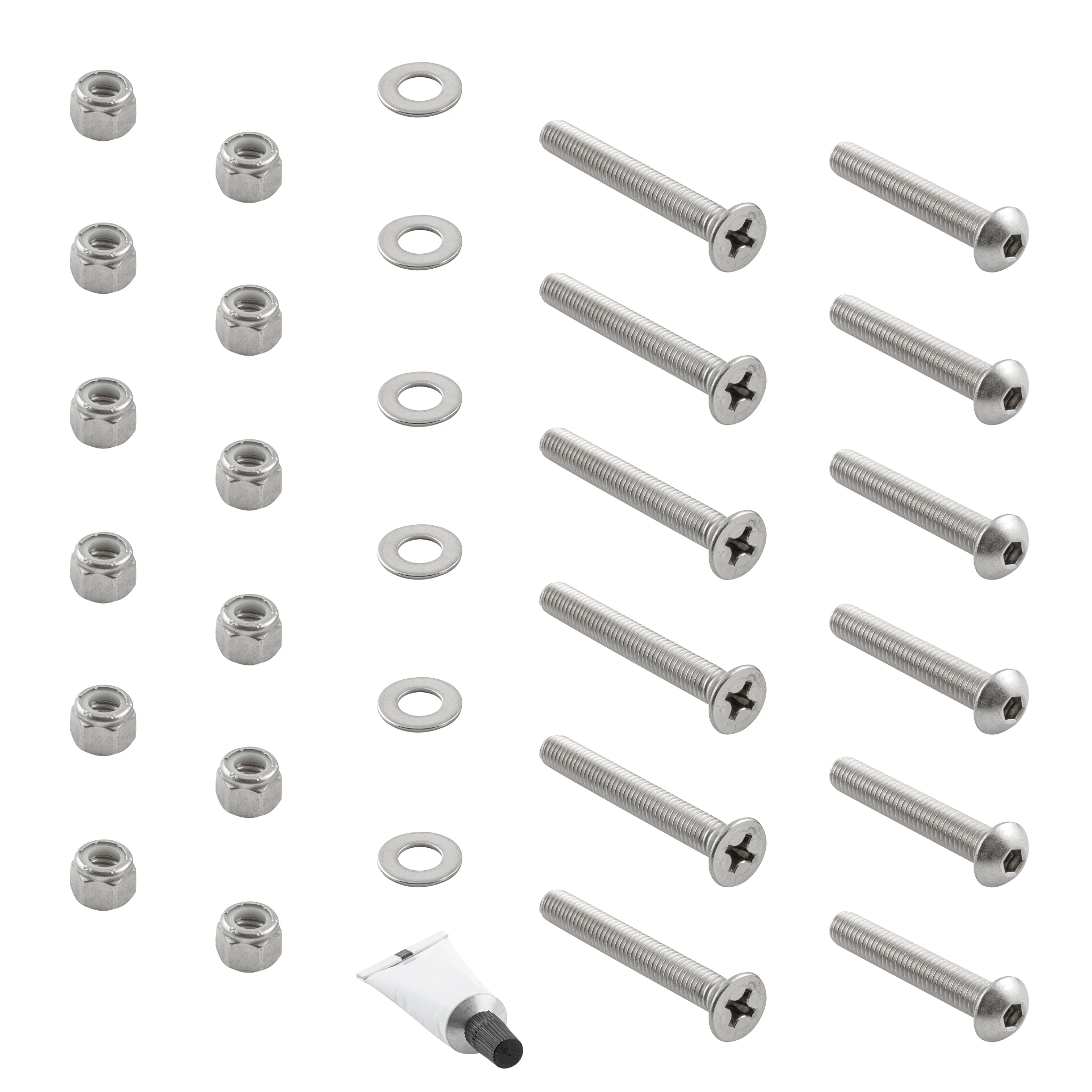 Assortment of hardware including nuts, bolts, and screws