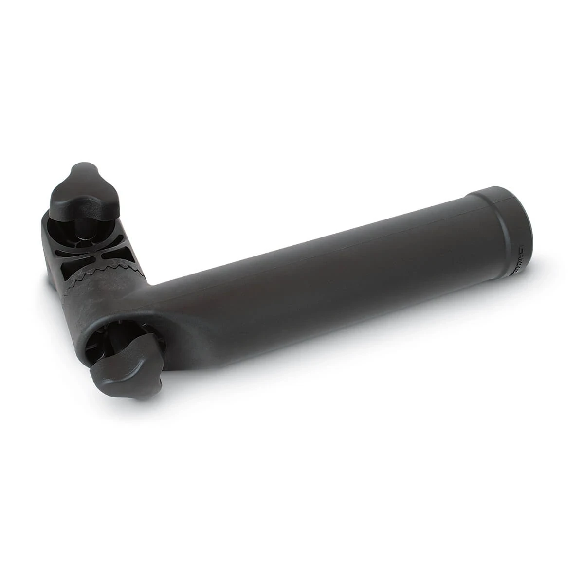Black composite rod holder that mounts direct to downrigger and has two joints
