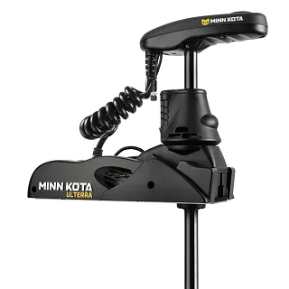 Minn Kota Ulterra: A trolling motor, with a black control head, a black coiled cable, a black mounting bracket, and a black shaft.