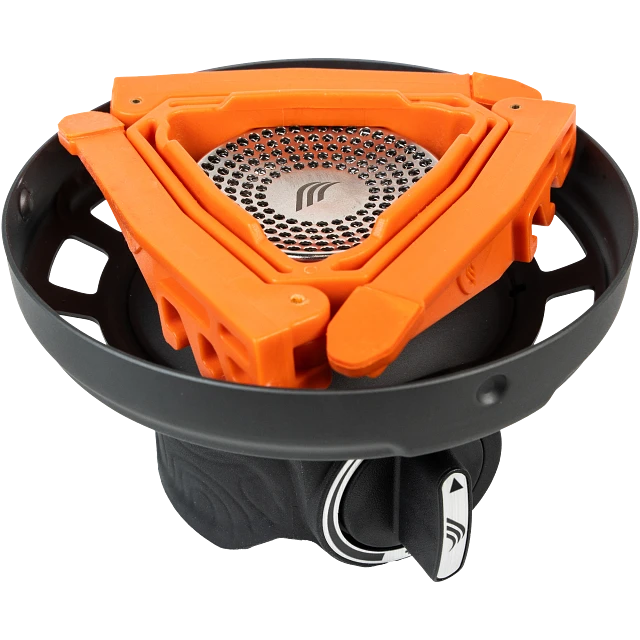 Closeup of Jetboil Zip 0.8L Fast Boil System with pot support nested on top of burner