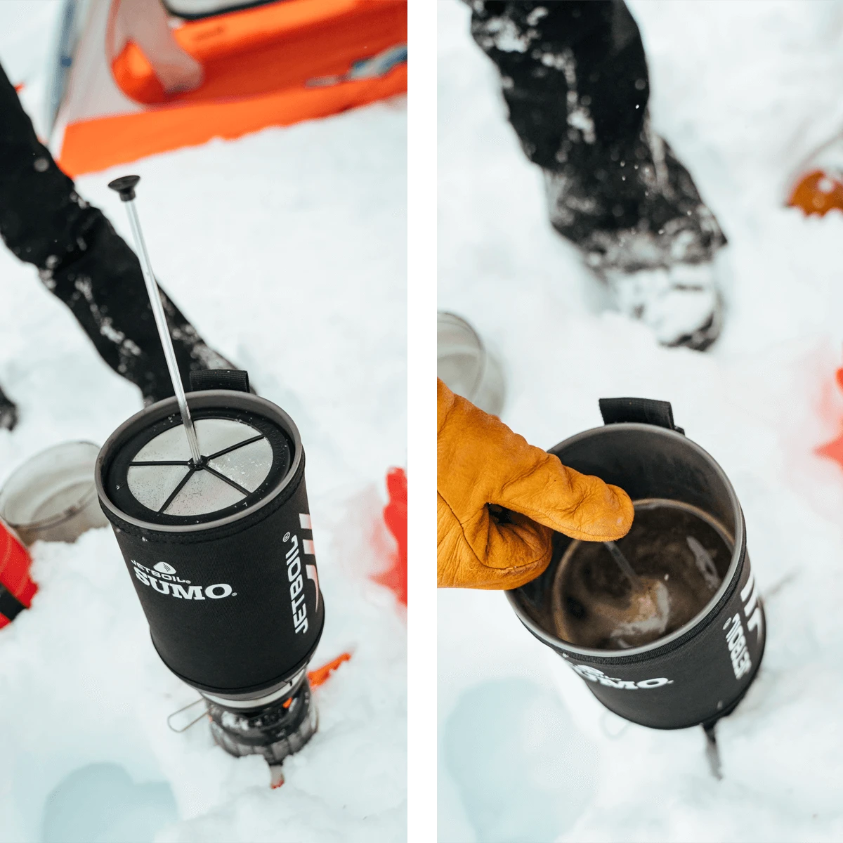 Making some coffee in the snow with the Sumo Cooking System using the Jetboil coffee press