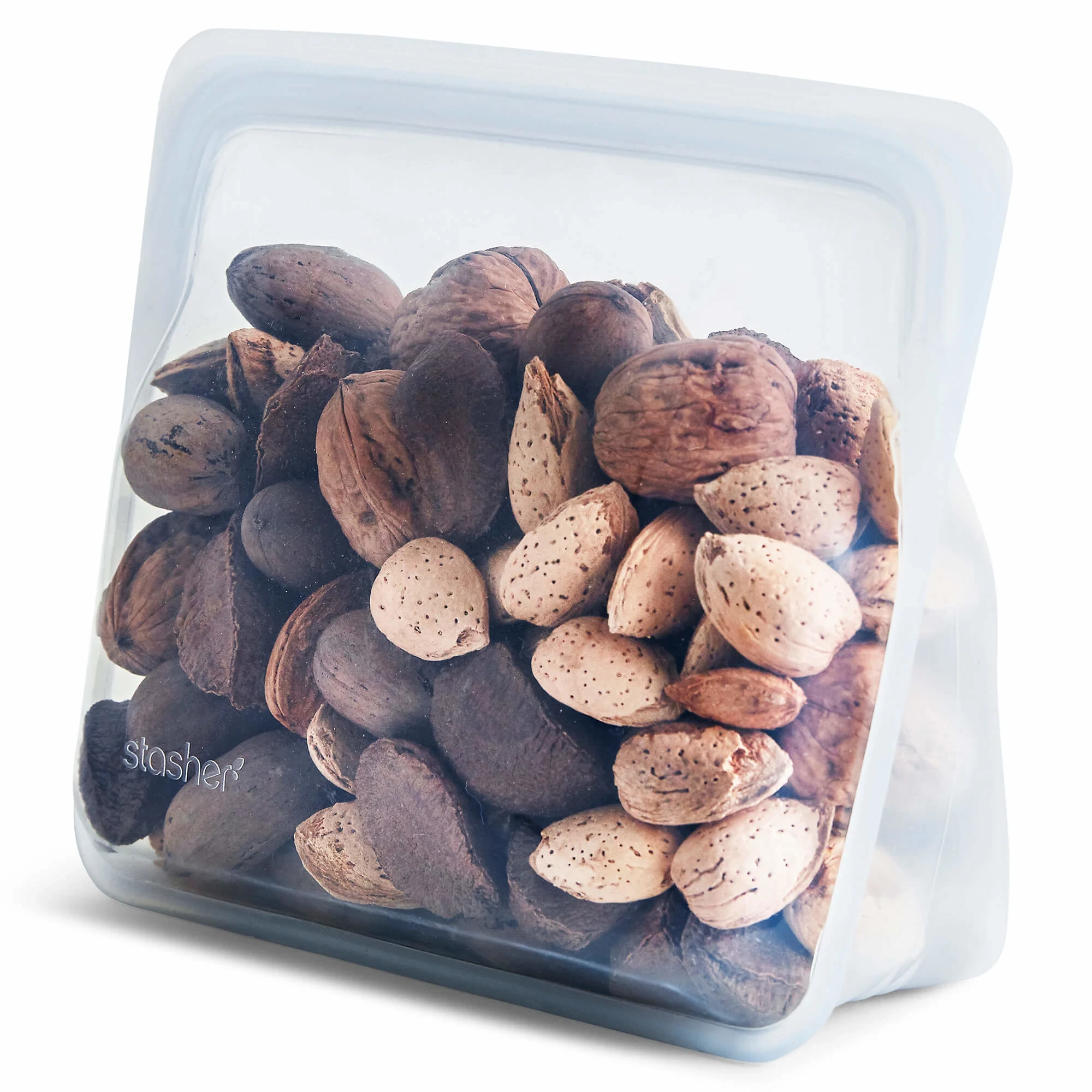 Angled view of Clear Stasher Stand-Up Mid Bag filled with mixed nuts