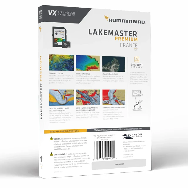Humminbird LakeMaster Premium France V2: A white rectangular retail box displays two black SD cards, one with a blue label and one with a black label, along with various colorful map graphics and text.