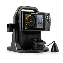 ICE HELIX 7 CHIRP GPS G4 shown at a wide, side angle with transducer out and cable trailing back to unit