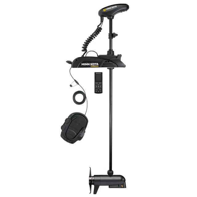 Minn Kota Terrova: A long-shafted trolling motor, with a black control head, a black mount, a long black shaft, a black prop housing with a two-bladed propeller, a black coiled cable, a black foot pedal, and a black handheld remote with a screen.