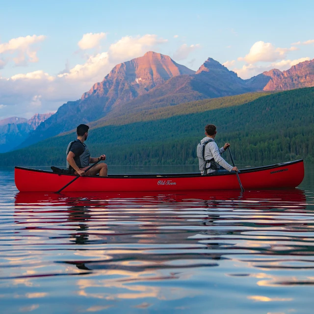 Two people paddling in the Old Town Discovery 158 canoe