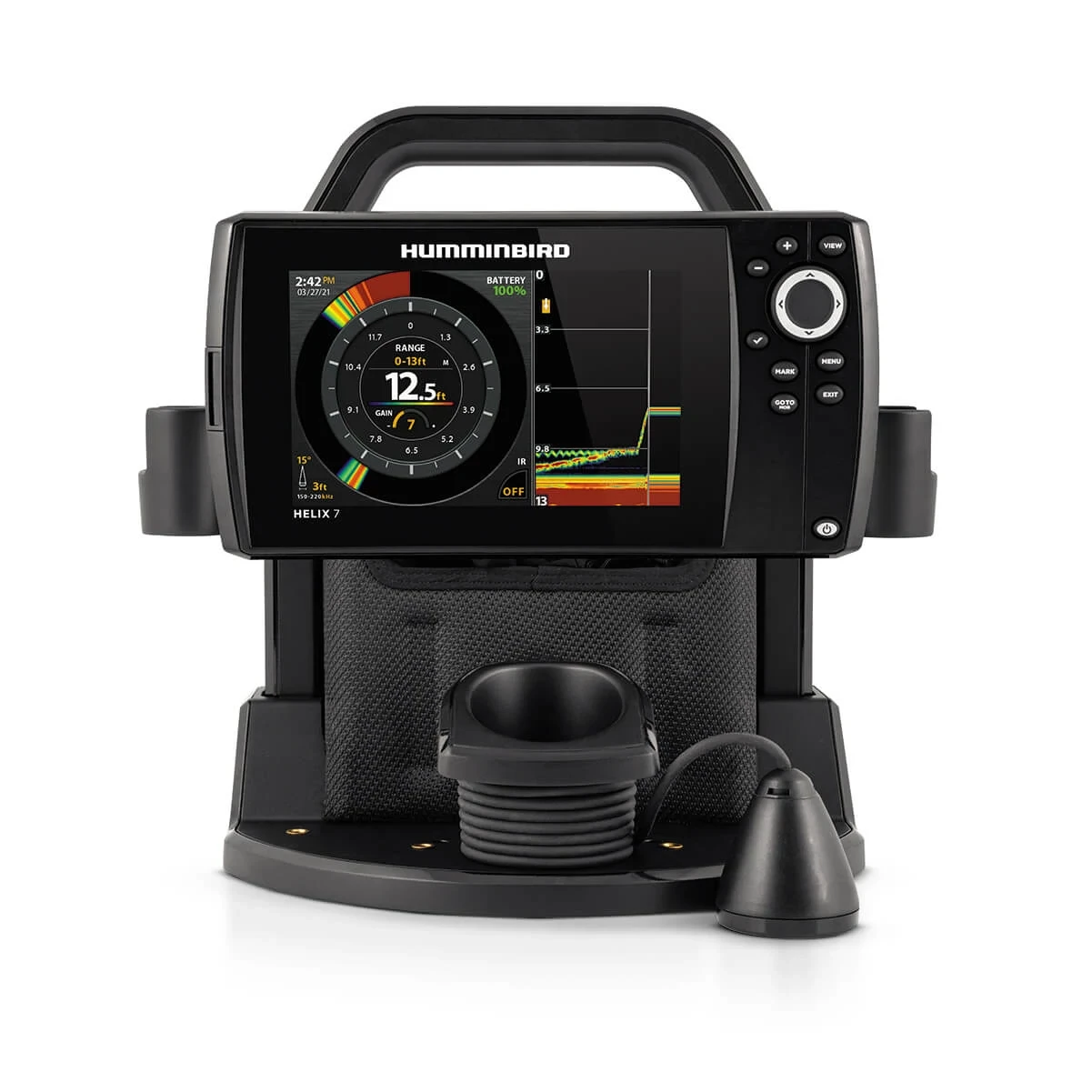 ICE HELIX 7 CHIRP GPS G4 shown with split flasher and 2D sonar screen