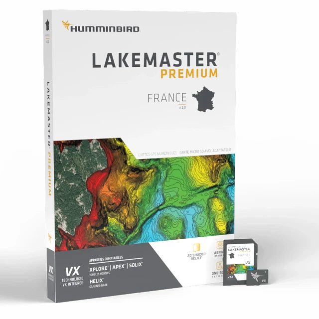 Humminbird LakeMaster Premium France V2: A white rectangular map card package with a large colorful map graphic on the front, and two small black micro SD cards to its right, one in an adapter.