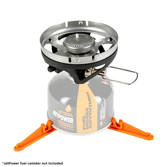 MiniMo cooking system burner attached to JetPower fuel and Fuel Can Stabilizer