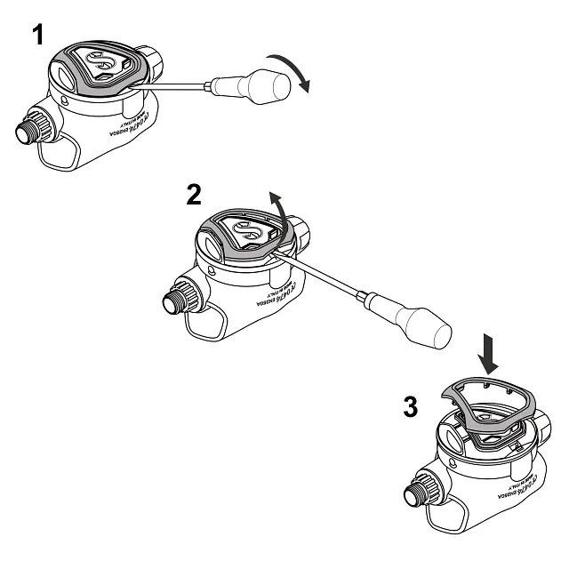 Dreistufige Abbildung, die zeigt, wie ein Schraubendreher den C370 Farbrahmen löst, entfernt und wieder anbringt.
