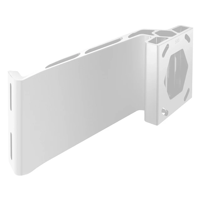Angled view of white, 8" setback 6" rise starboard jack plate for Raptor shallow water anchor
