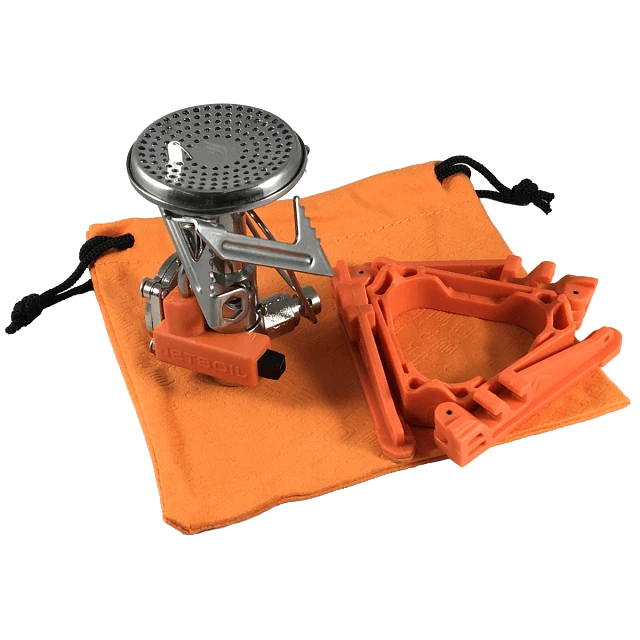 Jetboil MightyMo stove with fuel can stabilizer and drawstring carry bag